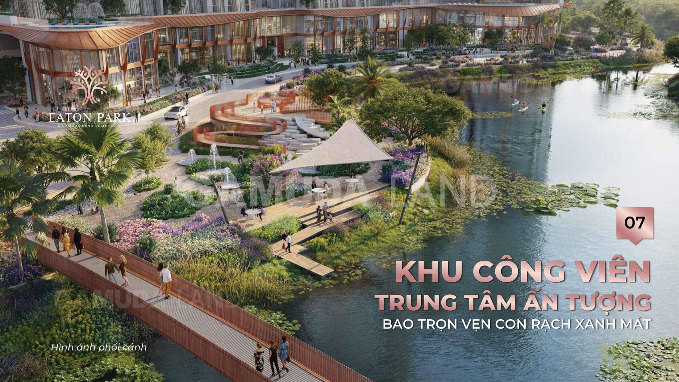 Tiện ích Khu công viên trung tâm ấn tượng bao trọn vẹn con Rạch xanh mát tại Eaton Park.